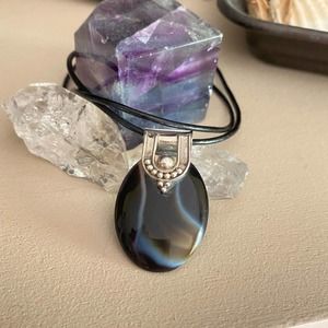 Natural Black Banded Agate Sterling Silver Pendant Necklace